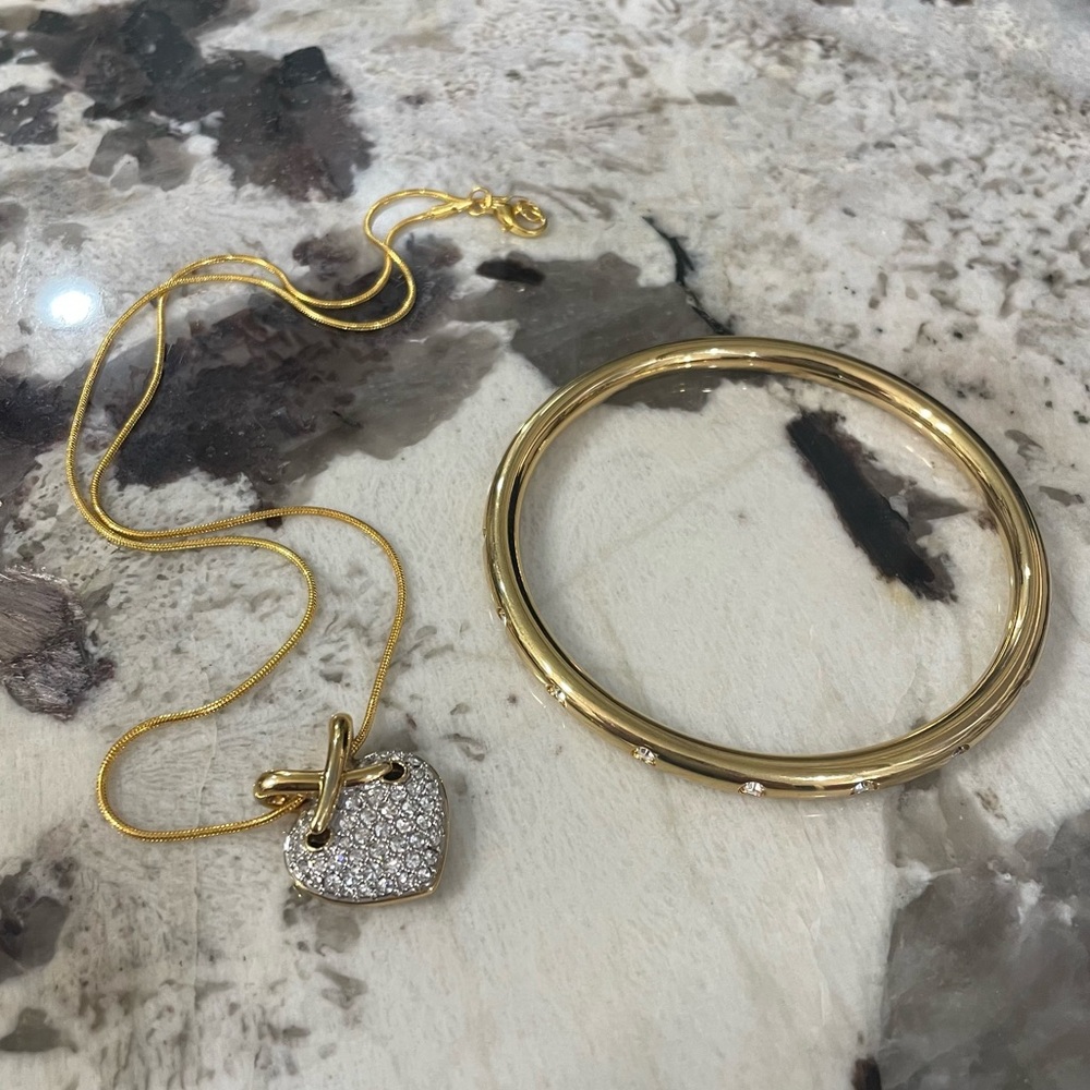 Swarovski Vintage Signed Polka Dot Crystal stacking Bangle & Pave Heart Pendant